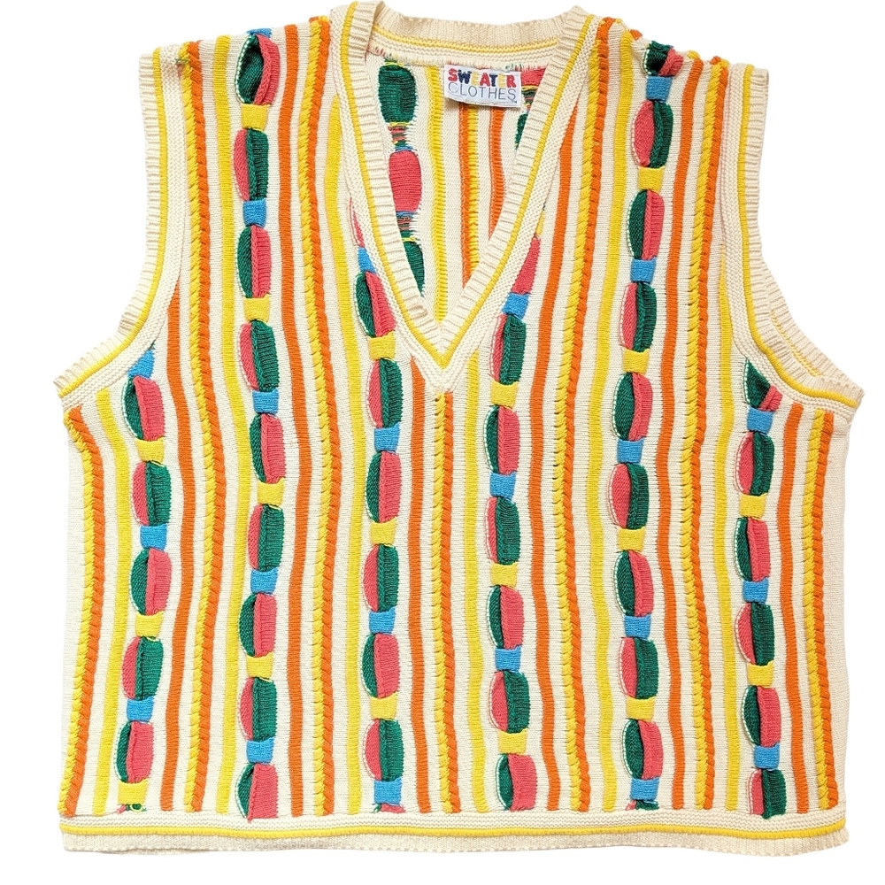 Vintage Coogi-Style V-Neck Sweater Vest, Cotton, Unisex Size L, Cricket Jumper